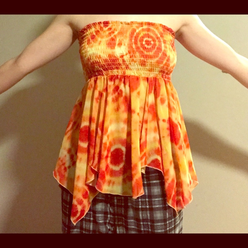 No Boundaries red-orange tie dye strapless top.